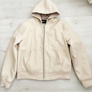 Nova Men Faux Vanilla Hooded Leather Bomber Jacket Size Large
